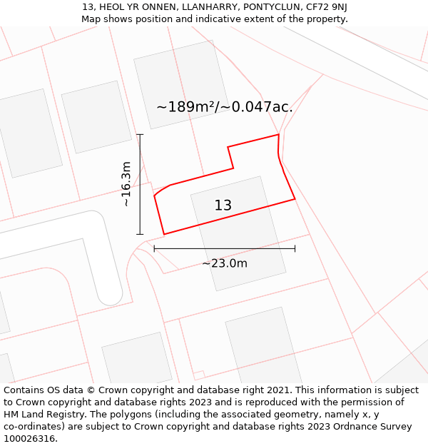 13, HEOL YR ONNEN, LLANHARRY, PONTYCLUN, CF72 9NJ: Plot and title map