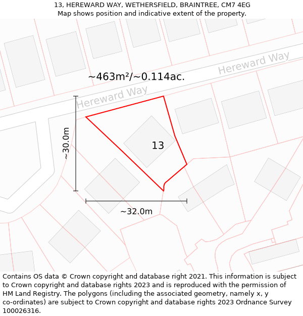 13, HEREWARD WAY, WETHERSFIELD, BRAINTREE, CM7 4EG: Plot and title map