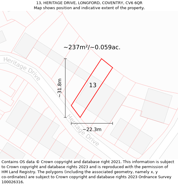 13, HERITAGE DRIVE, LONGFORD, COVENTRY, CV6 6QR: Plot and title map