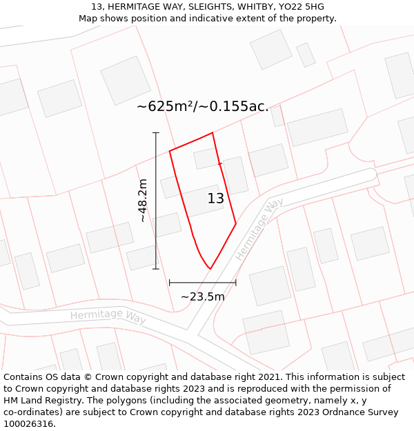 13, HERMITAGE WAY, SLEIGHTS, WHITBY, YO22 5HG: Plot and title map