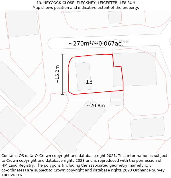 13, HEYCOCK CLOSE, FLECKNEY, LEICESTER, LE8 8UH: Plot and title map
