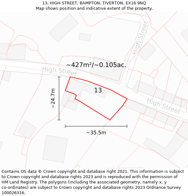 13, HIGH STREET, BAMPTON, TIVERTON, EX16 9NQ: Plot and title map