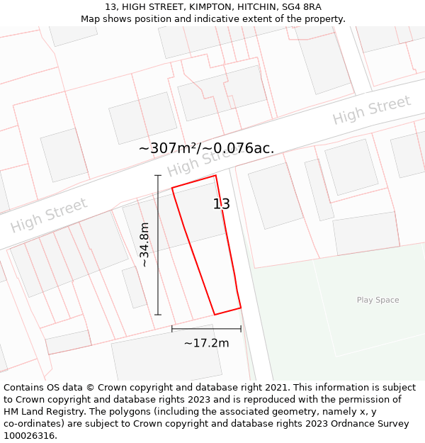 13, HIGH STREET, KIMPTON, HITCHIN, SG4 8RA: Plot and title map