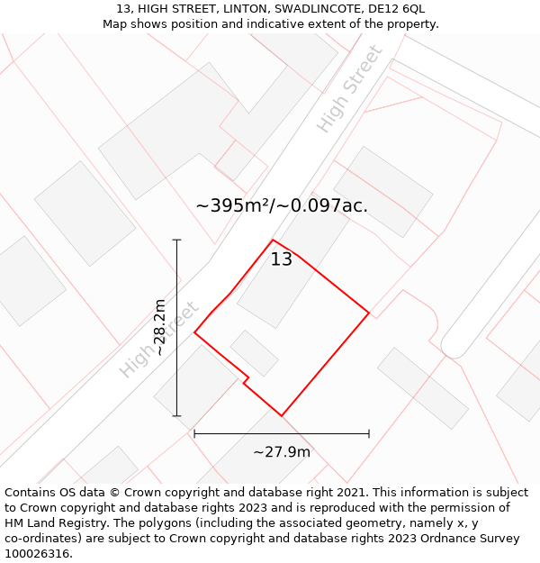 13, HIGH STREET, LINTON, SWADLINCOTE, DE12 6QL: Plot and title map