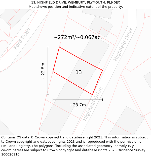 13, HIGHFIELD DRIVE, WEMBURY, PLYMOUTH, PL9 0EX: Plot and title map