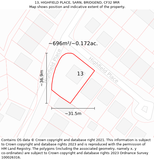 13, HIGHFIELD PLACE, SARN, BRIDGEND, CF32 9RR: Plot and title map