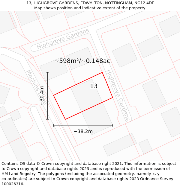 13, HIGHGROVE GARDENS, EDWALTON, NOTTINGHAM, NG12 4DF: Plot and title map