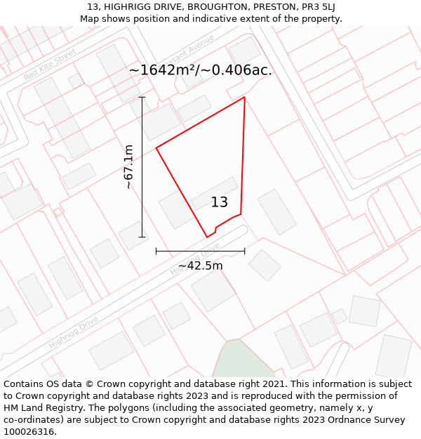 13, HIGHRIGG DRIVE, BROUGHTON, PRESTON, PR3 5LJ: Plot and title map