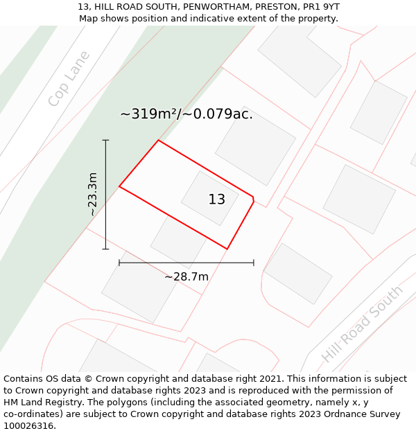 13, HILL ROAD SOUTH, PENWORTHAM, PRESTON, PR1 9YT: Plot and title map