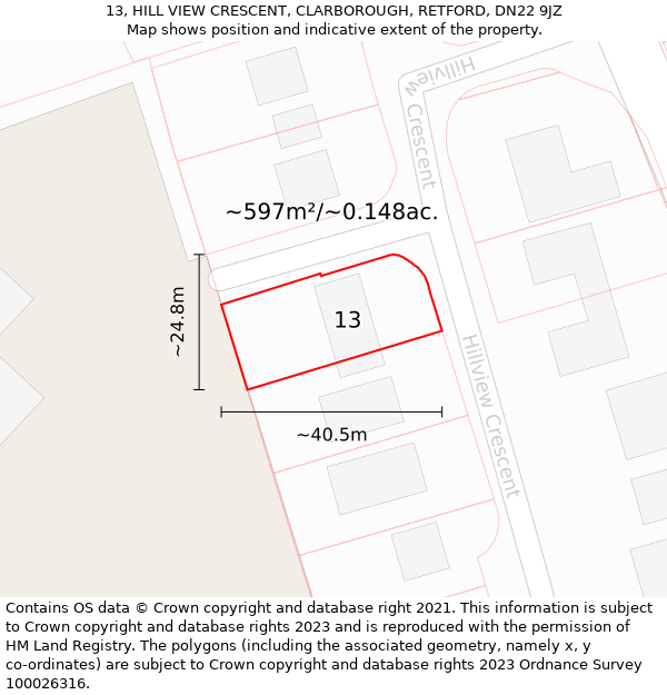 13, HILL VIEW CRESCENT, CLARBOROUGH, RETFORD, DN22 9JZ: Plot and title map