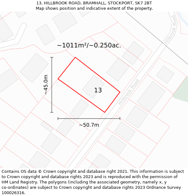 13, HILLBROOK ROAD, BRAMHALL, STOCKPORT, SK7 2BT: Plot and title map