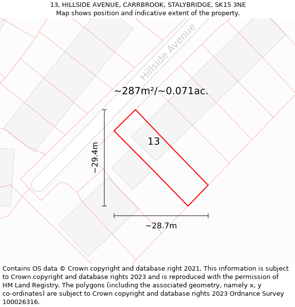 13, HILLSIDE AVENUE, CARRBROOK, STALYBRIDGE, SK15 3NE: Plot and title map