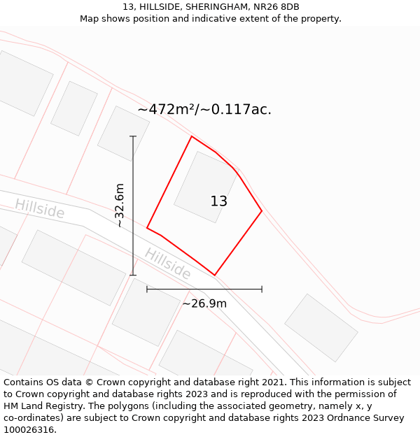 13, HILLSIDE, SHERINGHAM, NR26 8DB: Plot and title map