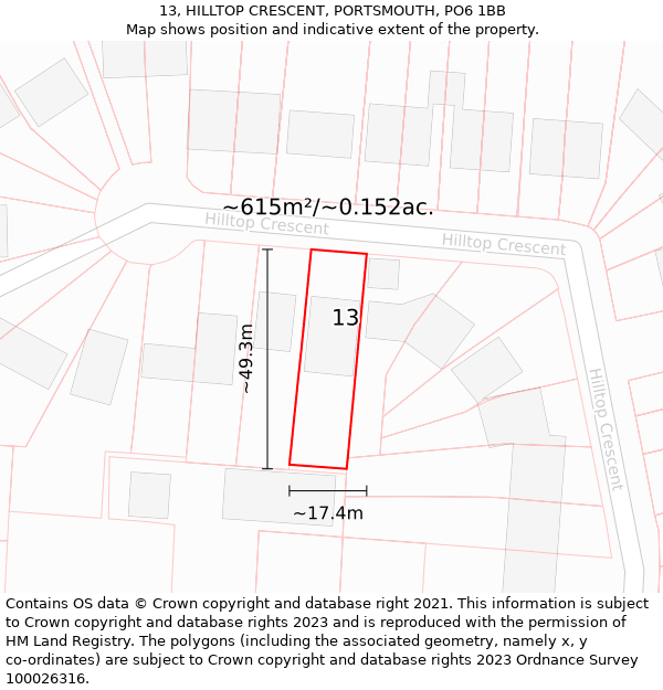 13, HILLTOP CRESCENT, PORTSMOUTH, PO6 1BB: Plot and title map