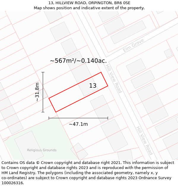 13, HILLVIEW ROAD, ORPINGTON, BR6 0SE: Plot and title map