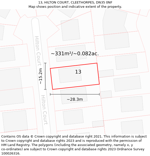 13, HILTON COURT, CLEETHORPES, DN35 0NF: Plot and title map