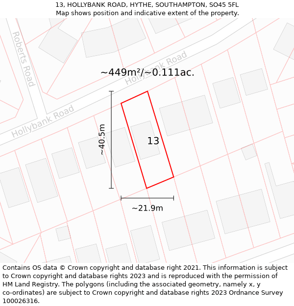 13, HOLLYBANK ROAD, HYTHE, SOUTHAMPTON, SO45 5FL: Plot and title map