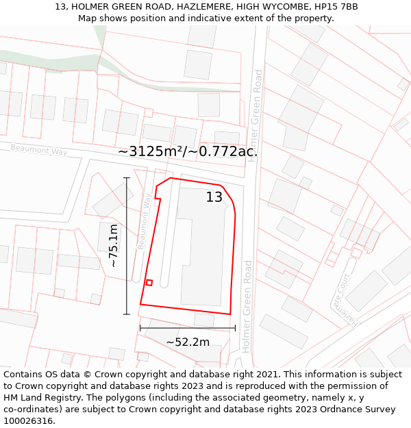 13, HOLMER GREEN ROAD, HAZLEMERE, HIGH WYCOMBE, HP15 7BB: Plot and title map