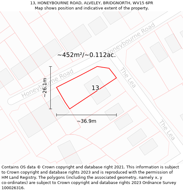 13, HONEYBOURNE ROAD, ALVELEY, BRIDGNORTH, WV15 6PR: Plot and title map