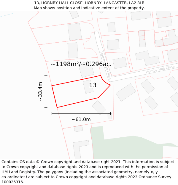 13, HORNBY HALL CLOSE, HORNBY, LANCASTER, LA2 8LB: Plot and title map