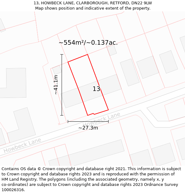 13, HOWBECK LANE, CLARBOROUGH, RETFORD, DN22 9LW: Plot and title map