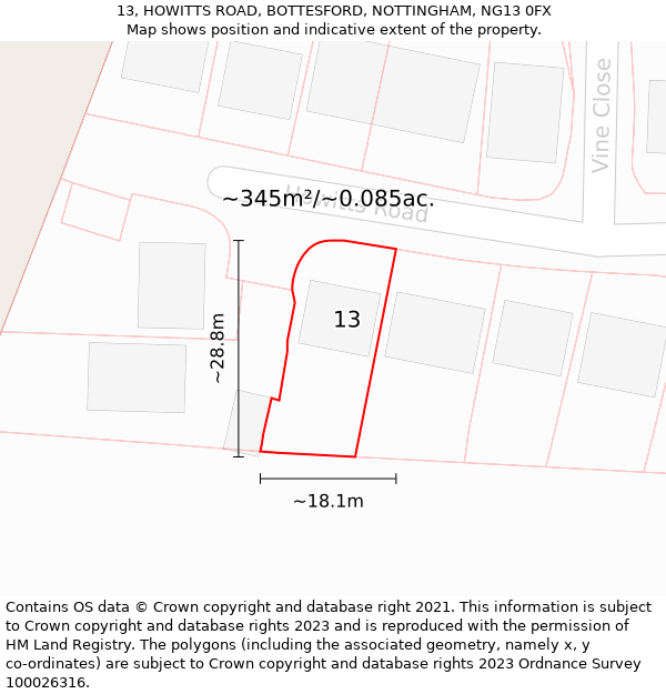 13, HOWITTS ROAD, BOTTESFORD, NOTTINGHAM, NG13 0FX: Plot and title map