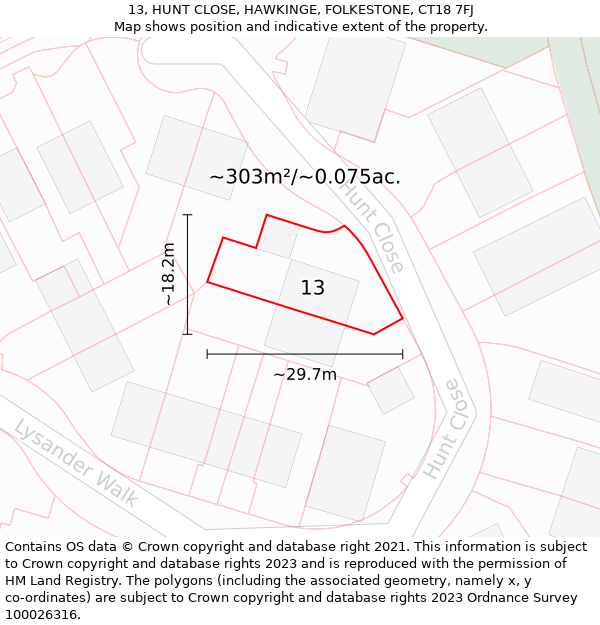 13, HUNT CLOSE, HAWKINGE, FOLKESTONE, CT18 7FJ: Plot and title map