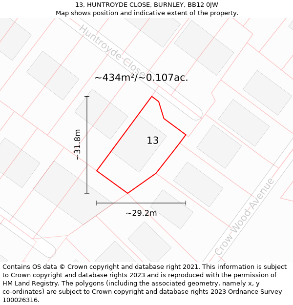 13, HUNTROYDE CLOSE, BURNLEY, BB12 0JW: Plot and title map