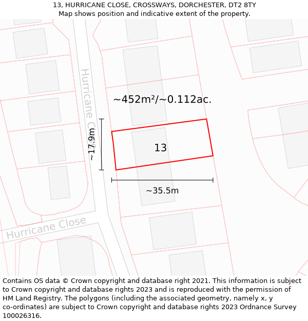 13, HURRICANE CLOSE, CROSSWAYS, DORCHESTER, DT2 8TY: Plot and title map