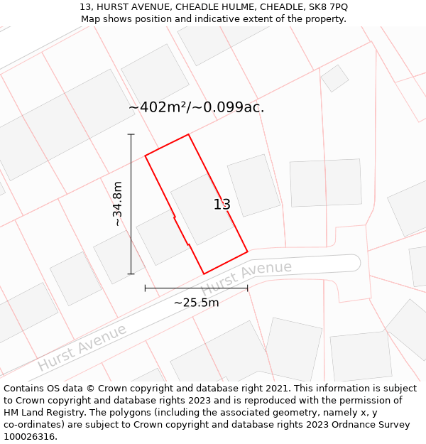 13, HURST AVENUE, CHEADLE HULME, CHEADLE, SK8 7PQ: Plot and title map