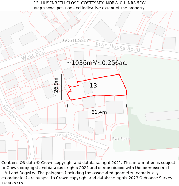 13, HUSENBETH CLOSE, COSTESSEY, NORWICH, NR8 5EW: Plot and title map