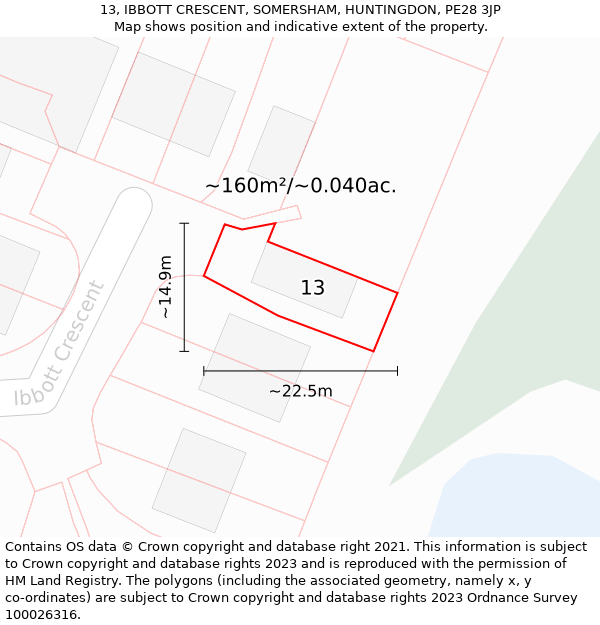 13, IBBOTT CRESCENT, SOMERSHAM, HUNTINGDON, PE28 3JP: Plot and title map