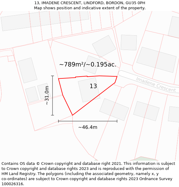 13, IMADENE CRESCENT, LINDFORD, BORDON, GU35 0PH: Plot and title map