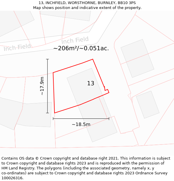 13, INCHFIELD, WORSTHORNE, BURNLEY, BB10 3PS: Plot and title map