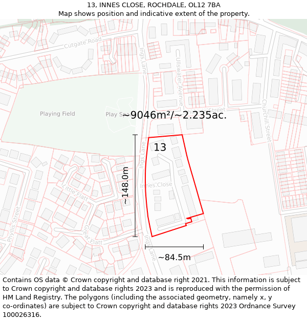 13, INNES CLOSE, ROCHDALE, OL12 7BA: Plot and title map