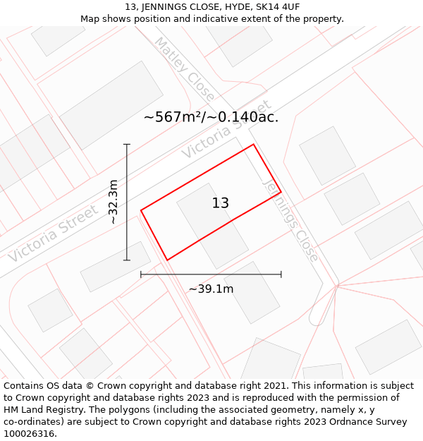 13, JENNINGS CLOSE, HYDE, SK14 4UF: Plot and title map