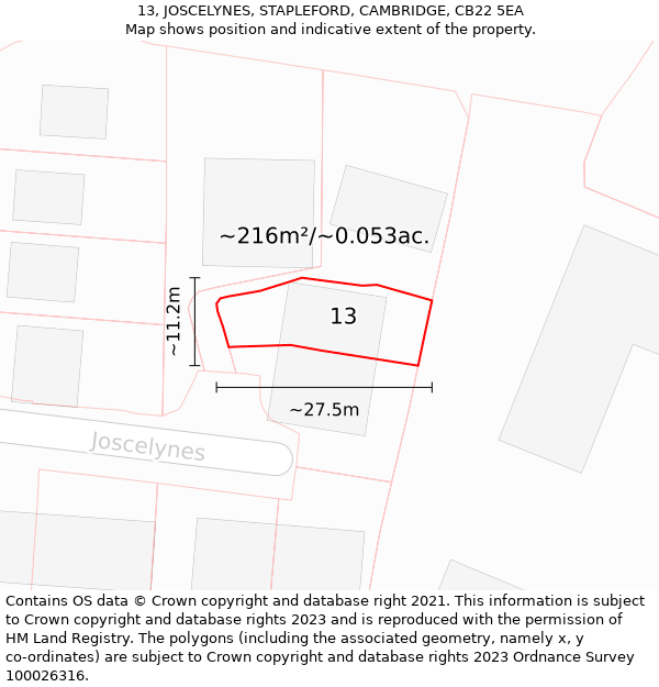 13, JOSCELYNES, STAPLEFORD, CAMBRIDGE, CB22 5EA: Plot and title map