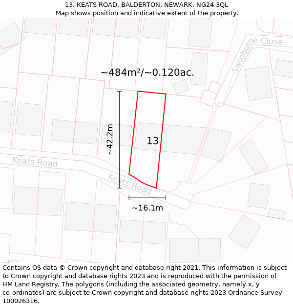 13, KEATS ROAD, BALDERTON, NEWARK, NG24 3QL: Plot and title map