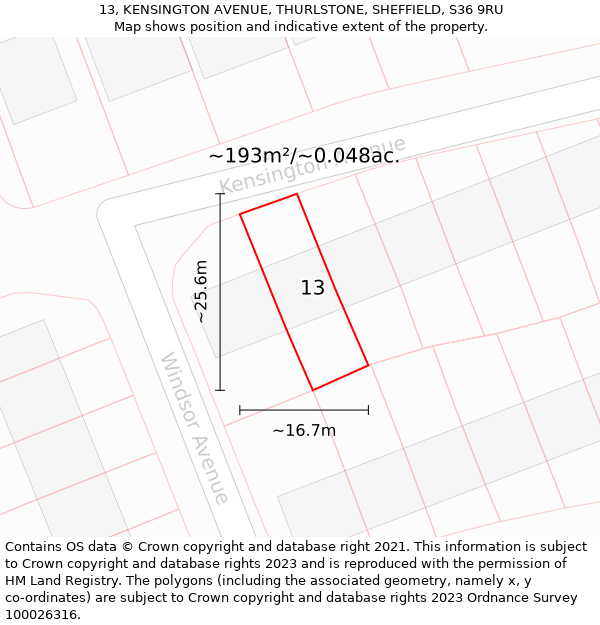 13, KENSINGTON AVENUE, THURLSTONE, SHEFFIELD, S36 9RU: Plot and title map