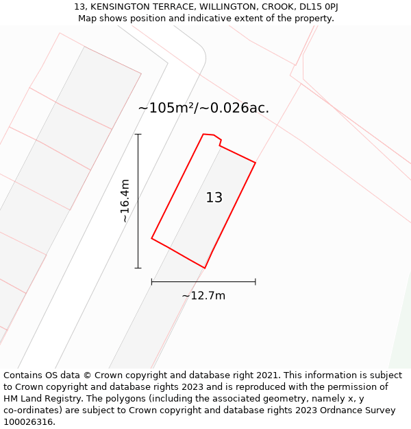 13, KENSINGTON TERRACE, WILLINGTON, CROOK, DL15 0PJ: Plot and title map