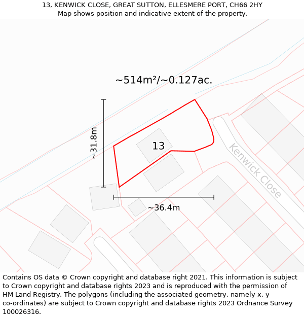 13, KENWICK CLOSE, GREAT SUTTON, ELLESMERE PORT, CH66 2HY: Plot and title map