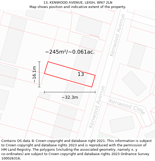 13, KENWOOD AVENUE, LEIGH, WN7 2LN: Plot and title map
