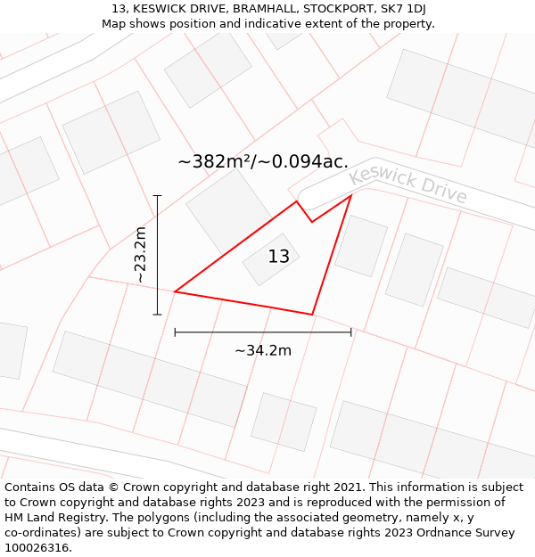 13, KESWICK DRIVE, BRAMHALL, STOCKPORT, SK7 1DJ: Plot and title map