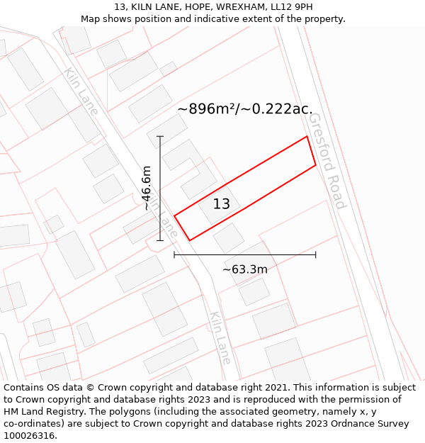 13, KILN LANE, HOPE, WREXHAM, LL12 9PH: Plot and title map