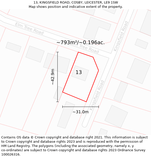 13, KINGSFIELD ROAD, COSBY, LEICESTER, LE9 1SW: Plot and title map