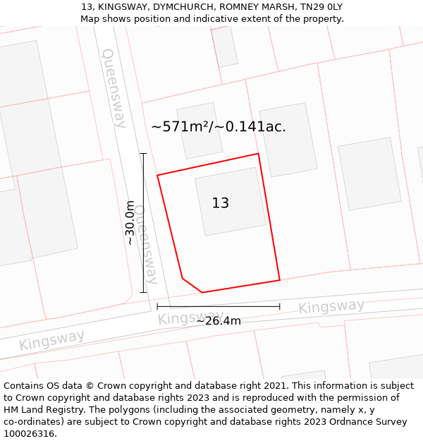 13, KINGSWAY, DYMCHURCH, ROMNEY MARSH, TN29 0LY: Plot and title map