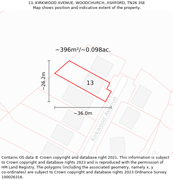 13, KIRKWOOD AVENUE, WOODCHURCH, ASHFORD, TN26 3SE: Plot and title map