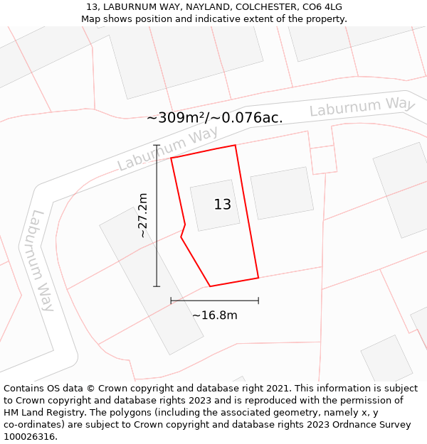 13, LABURNUM WAY, NAYLAND, COLCHESTER, CO6 4LG: Plot and title map