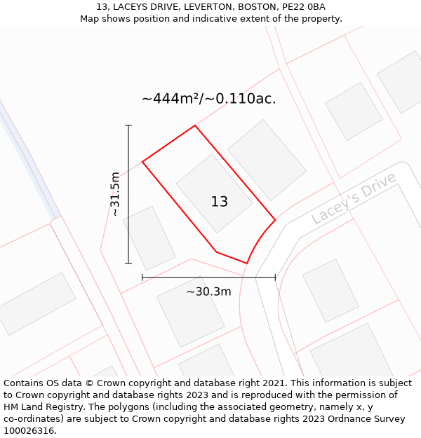 13, LACEYS DRIVE, LEVERTON, BOSTON, PE22 0BA: Plot and title map