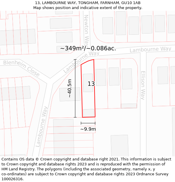 13, LAMBOURNE WAY, TONGHAM, FARNHAM, GU10 1AB: Plot and title map